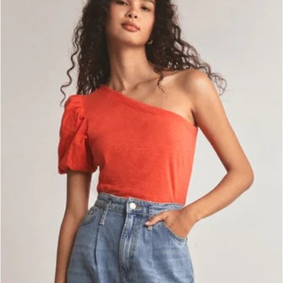 Z Supply One Shoulder Top in Orange Small Puff Sleeve Slub Cotton Soft Easter - Picture 1 of 12